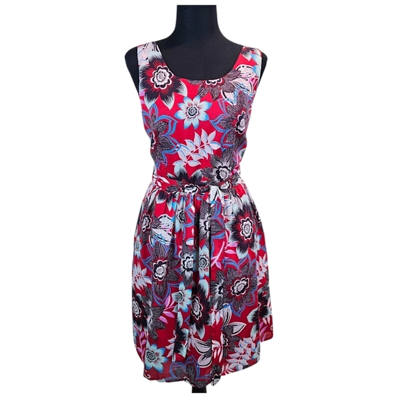 Talbots Red Jacquard Floral Tie Waist Fit & Flare Dress 10P Cotton Preppy Summer - Picture 2 of 16